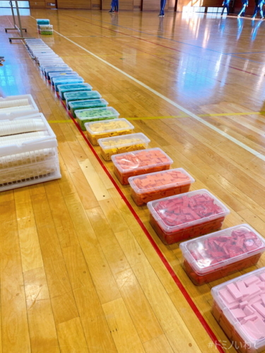 花巻小学校体育館に一列に並ぶカラフルなドミノ